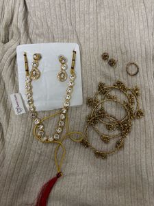 Gold Toned necklace, Ring & Bangles Set