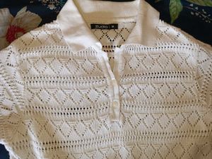 White Crochet Knit Polo Top