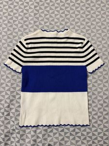 Striped Ribbed Knit Top with Scallop Trim