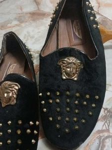Black velvet studded loafers with gold medusa Embl