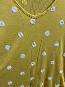 Yellow Daisy Embroidered V-Neck Top