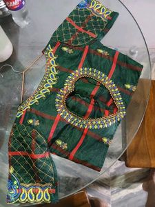 Dark Green & Red Checkered Embroidered Silk Blouse