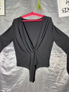 Chic Black Plunge Neck Bodysuit