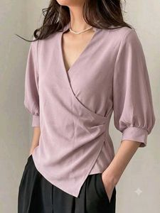 Korean Chic Lavender Wrap Blouse