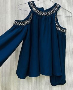 Beaded Cold Shoulder Blue Top