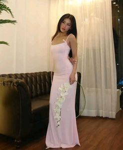 Elegant Pink Spaghetti Strap Maxi Dress