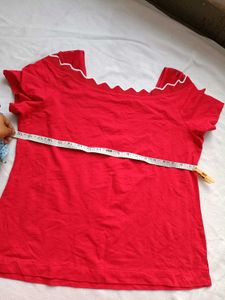 Red Off-Shoulder Top with Zigzag Trim
