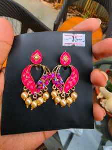Vibrant Pink & Gold Drop Earrings