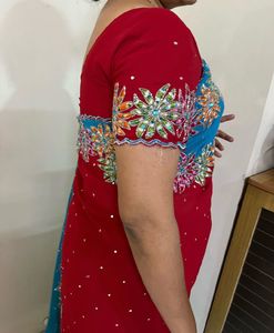 Vintage Handwork Red &amp; Blue Embroidered Saree