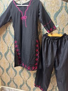 Elegant Black Kurta Set with Pink Embroidery