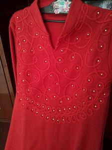 Stunning Red Embroidered  Woolen Kurta