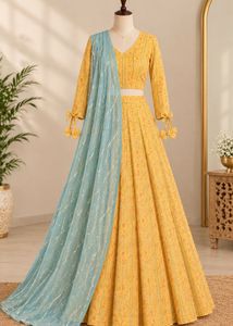 Twinning  Yellow &amp; Teal Embroidered Lehenga