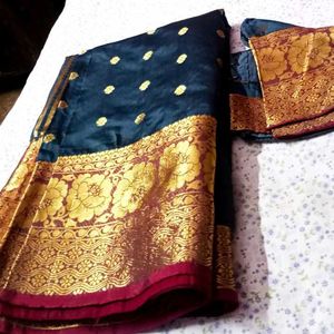 Elegant Teal Silk Saree with Gold Border