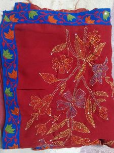 New RedKantha work  Embroidered Saree with Blouse
