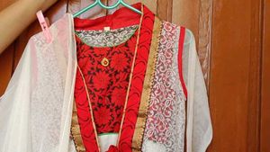 Elegant White &amp; Red Kurta Set with Dupatta