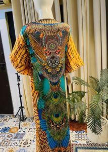 Vibrant Peacock Print Kaftan Maxi Dress