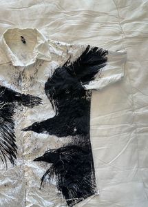 Men's White Crow Print Short Sleeve Shirt