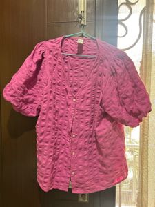 Pink Puff Sleeve Button-Down Top