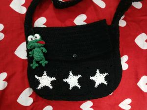Crocheted Black Crossbody Bag with Frog Charm