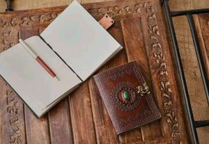 Handcrafted Leather Green Stone Brown Embossed  Di