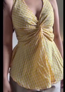 Yellow Gingham Twist Halter Top