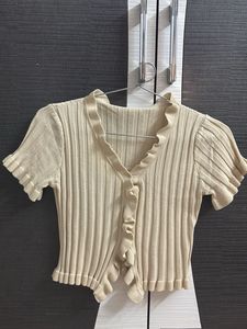 Ribbed Ruffle Button-Up Top