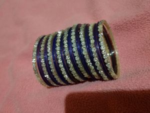 Dark Blue Silver Metallic Glass Bangles Set