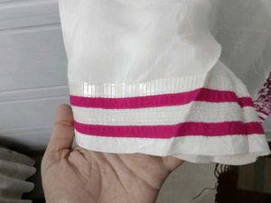 White Kurta with Pink Print and sequins on sleeves