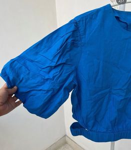 Cotton Blue Puff Sleeve Cropped Top