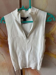 White Ribbed Zip-Up Top