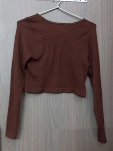 Brown Ribbed Long Sleeve Crop Top