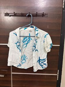 White Crop Top with Blue Coral Print