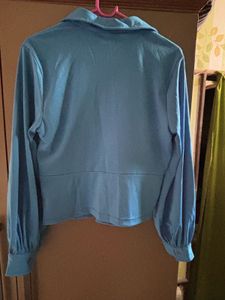 Blue Ruched Button-Up Shirt