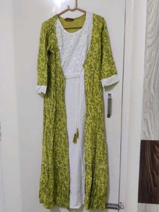White Kurta Set with attached Printed Jacket
