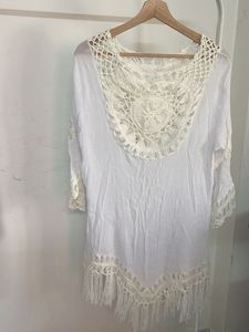 Boho White Crocheted Tunic Top