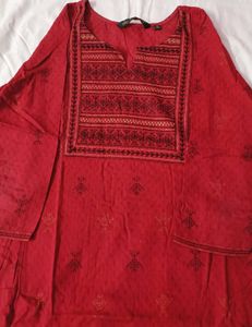 Red Embroidered Cotton Kurta