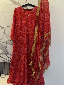 Pure Bandhani Print Gown with Golden Dupatta