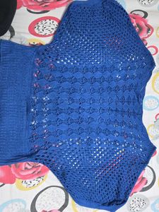 Chic Blue Crochet Knit Top with Doll Applique