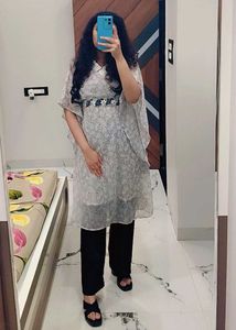 Elegant Printed Kaftan Kurta with Embellished Belt