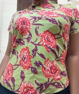 Chic Floral Print Mandarin Collar Top