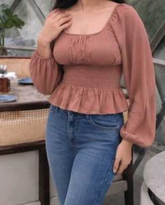 Chic Smocked Peplum Top colour golden brownish