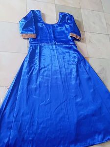Royal Blue Satin Gown with Embellished Sleeves