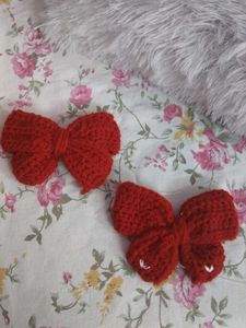 set of 2 Red Crochet Hair Bow Clip