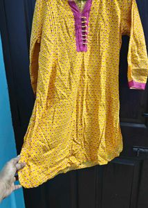 Yellow Printed Kurta with Pink Accents