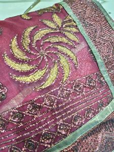 net Embroidered Maroon Saree