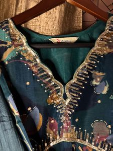 Embellished Teal Nayra cut Kurta Set