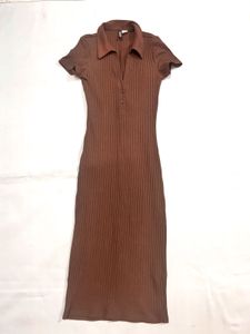 H&amp;M Brown Ribbed Polo Dress