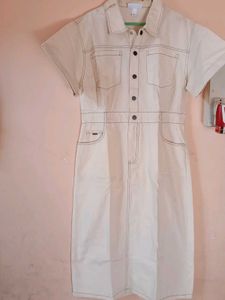 Cream Denim Button-Up Midi Dress