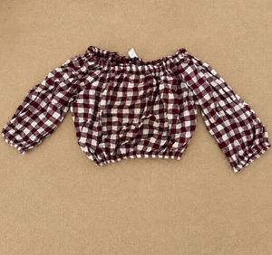 Burgundy Gingham Off-Shoulder Puff Sleeve  Crop To