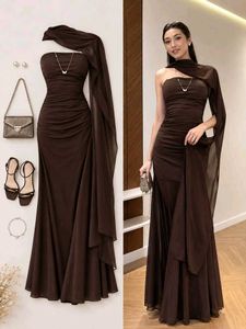 Elegant Brown Maxi Dress With Scarf